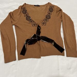 Luciano Dante Shrug Crop Cardigan Beaded Embroidered Velvet Velour Belt Brown M